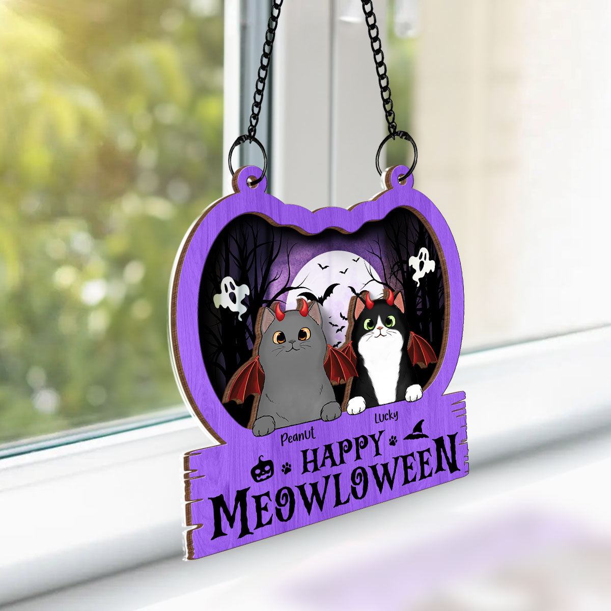 Halloween Cats In Pumpkin Personalized Suncatcher, Halloween Decor