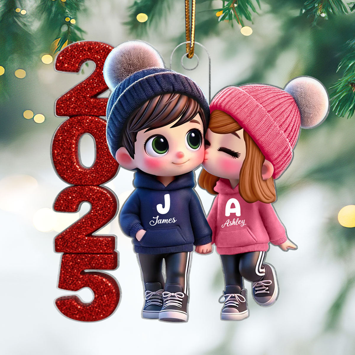 3D Glitter Effect 2025 Cute Cartoon Couple Walking - Personalized Acrylic Ornament - Gift for Him, Gift for Her