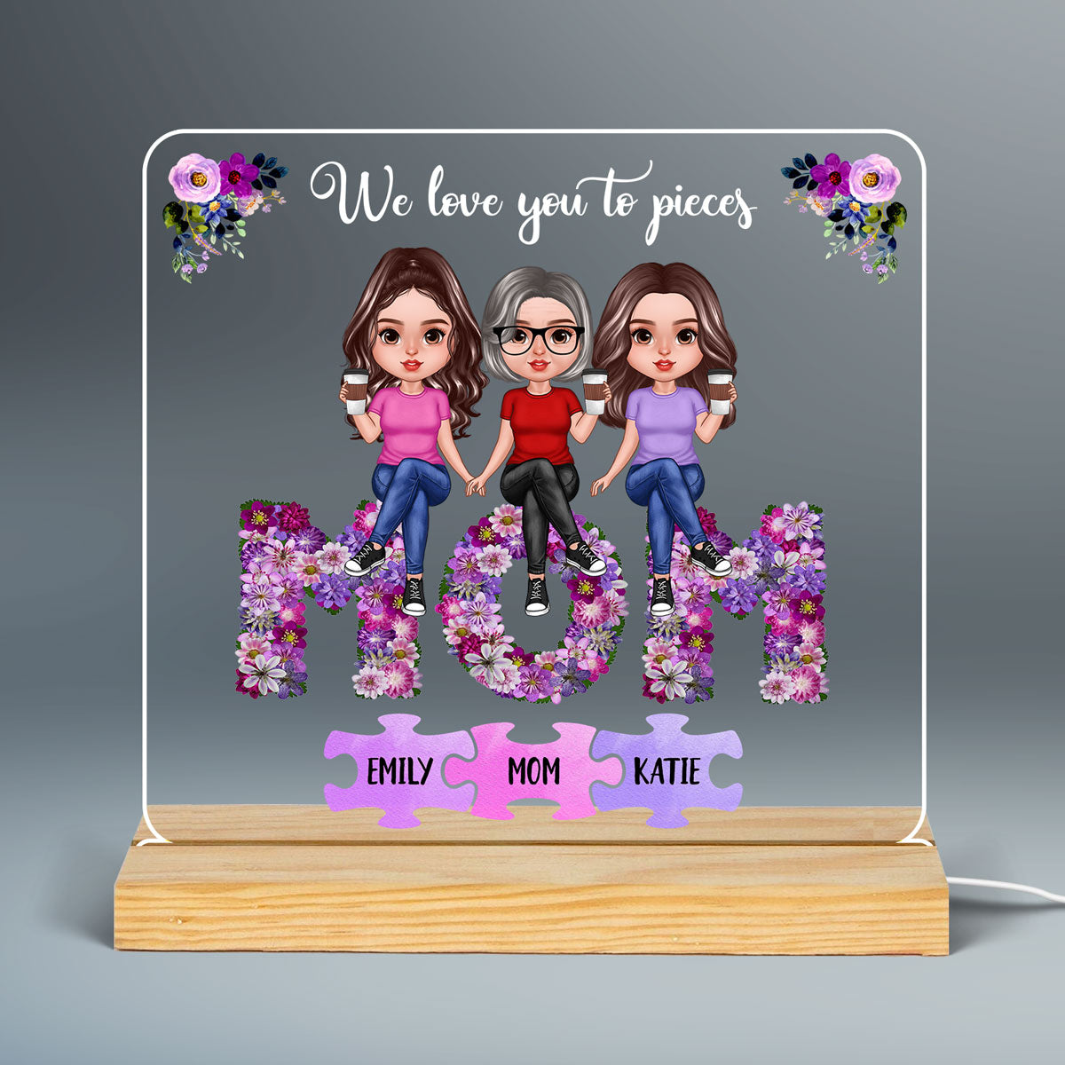 Mother Daughter Purple Flowers Puzzle Personalized Acrylic Custom Shape LED Night Light