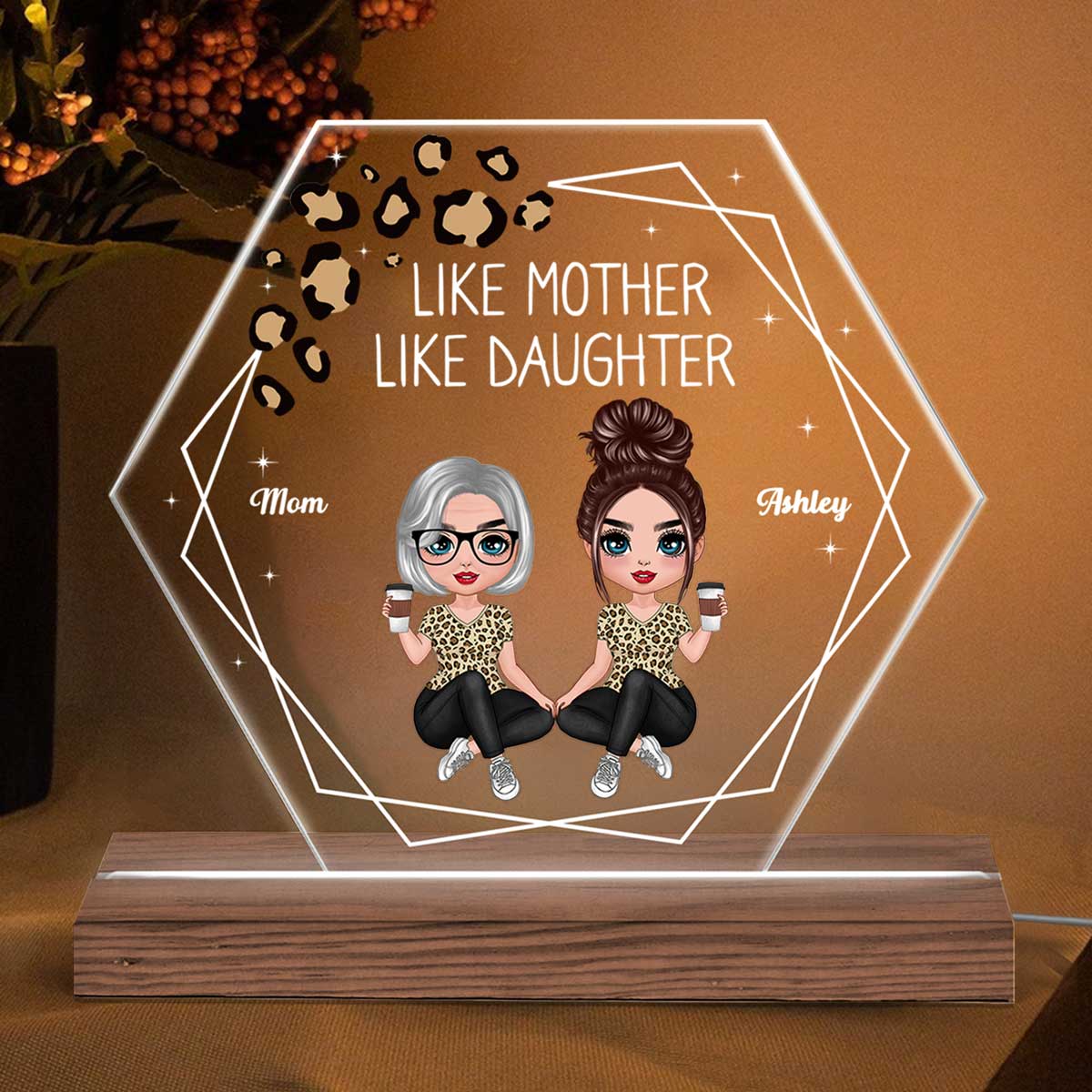 Hexagon Frame Like Mother Like Daughter Doll Woman Sitting Personalized Custom Shape Acrylic Plaque LED Night Light