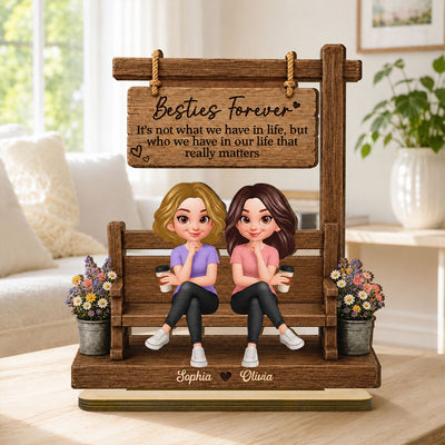 Besties Sitting Under Sign Post 2D Flat - Personalized Wooden Plaque - Friendship Keepsake