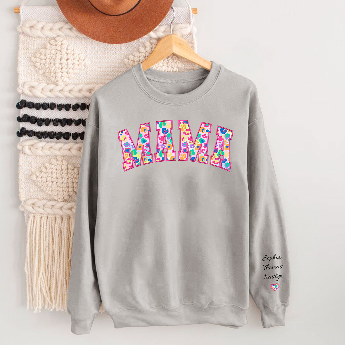 Mama Colorful Leopard Kids Names On Sleeve Personalized Sleeve Printed Sweatshirt