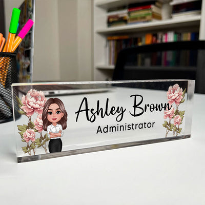 Birth Month Flowers Woman - Personalized Acrylic Desk Name Plate - Gift For Colleagues, Coworkers, Boss