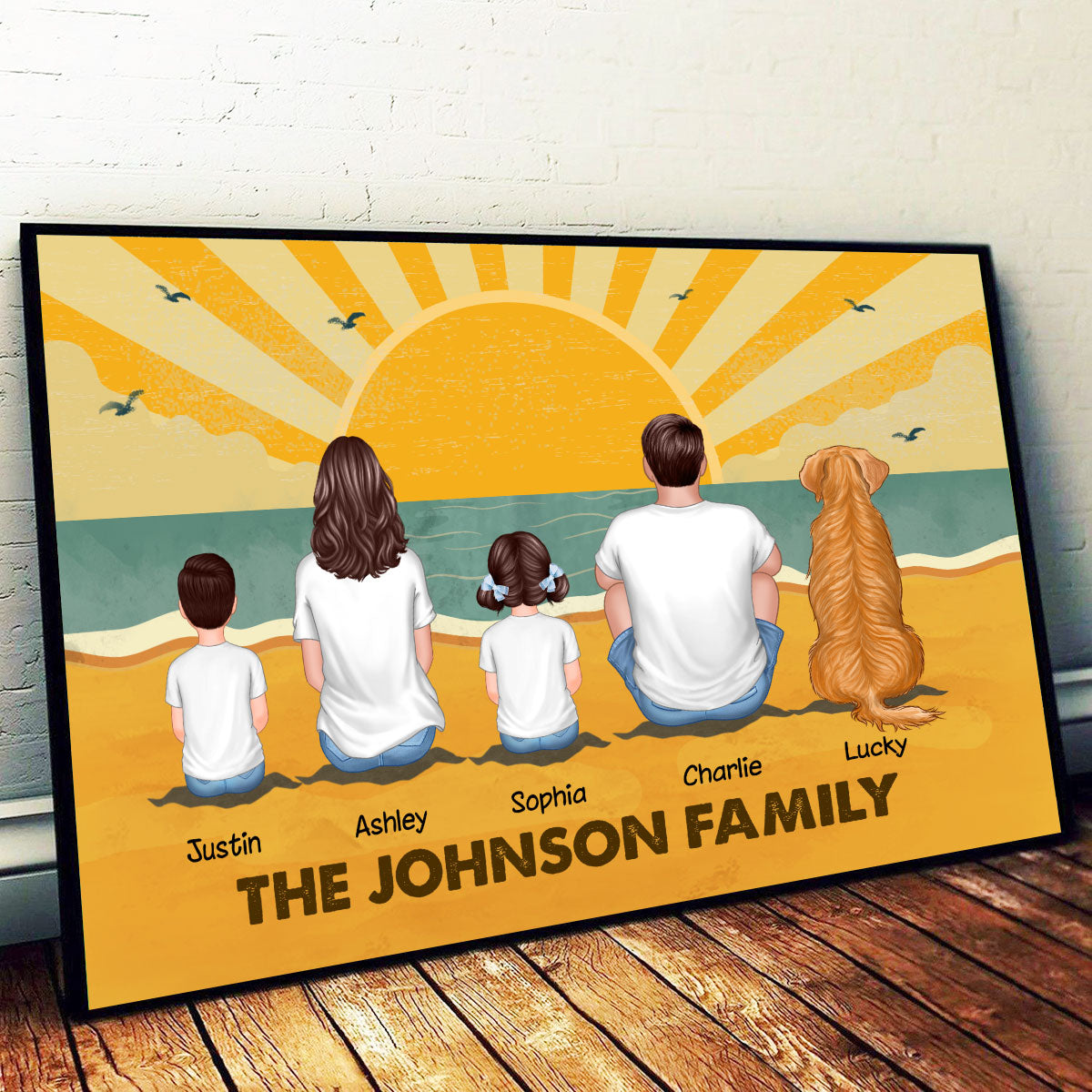 Family Sitting Summer Retro Beach Personalized Poster, Meaningful Father's Day Gift for Dad, Gift for Husband
