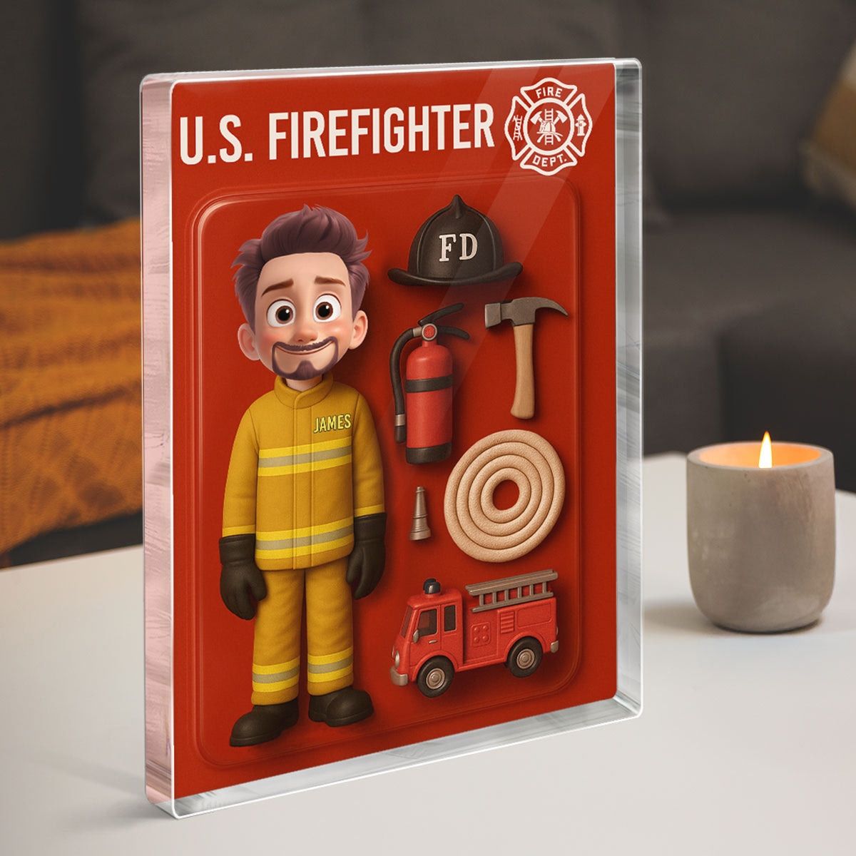 3D Effect Cartoon Funny Style Firefighter Custom Figure Personalized Flat Rectangle Acrylic Block