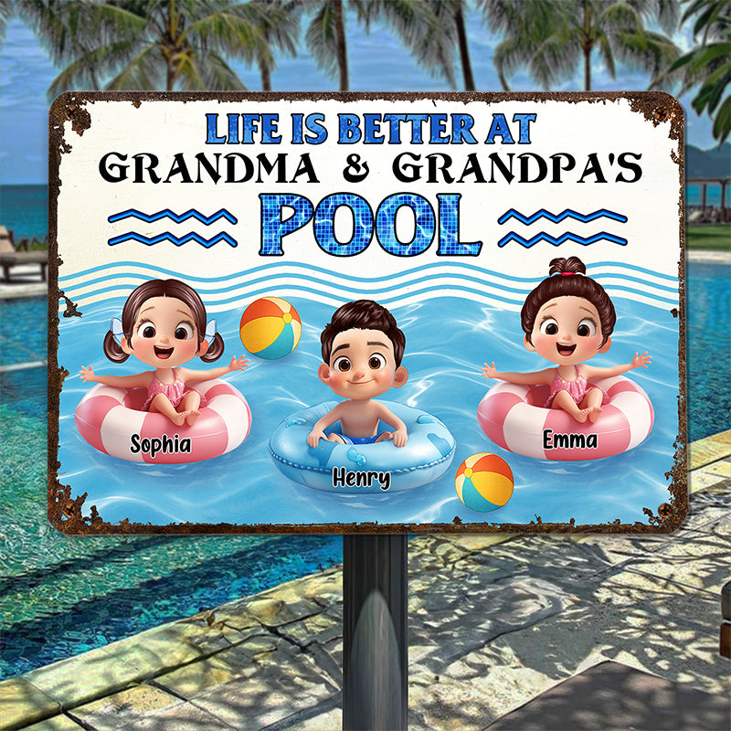 Life is Better at Grandma & Grandpa Pool Personalized Metal Sign, Grandchildren Welcome Sign
