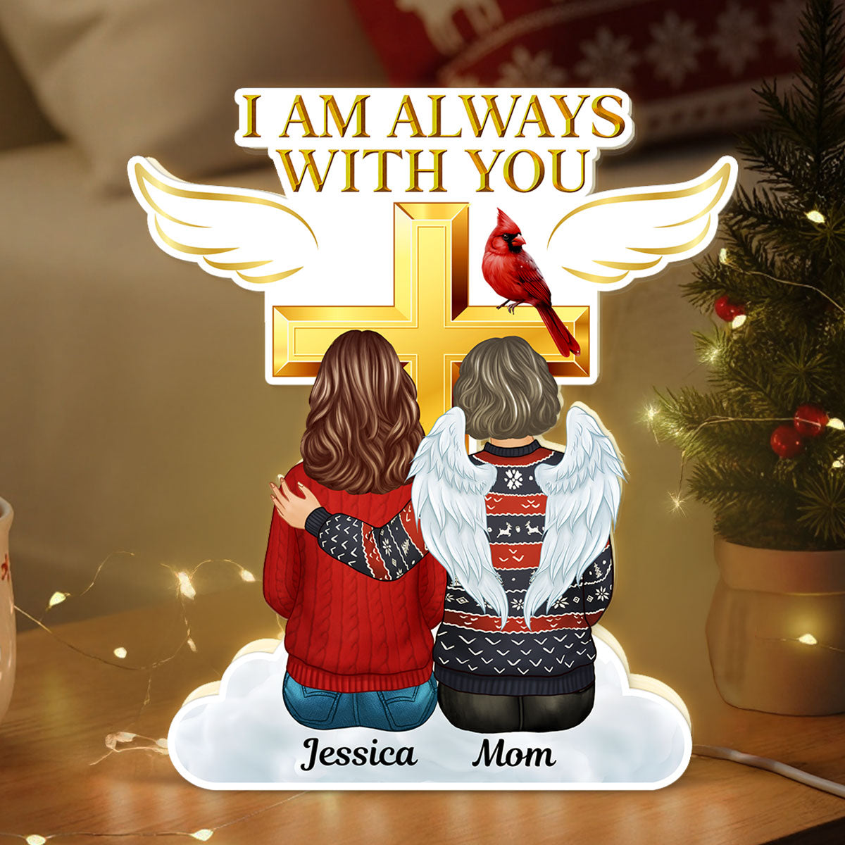 Always With You Family Cross Memorial Remembrance Keepsake Personalized Light Box, Christmas Decor Gift