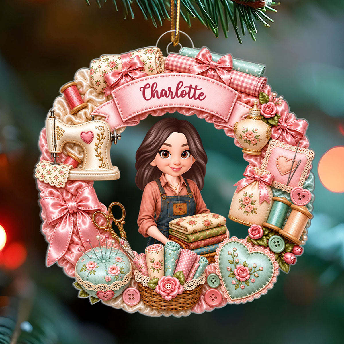 Sewing Things Wreath - Personalized Acrylic Ornament - Christmas Gift For Sewing, Quilting Lovers, Wife, Mom, Sister