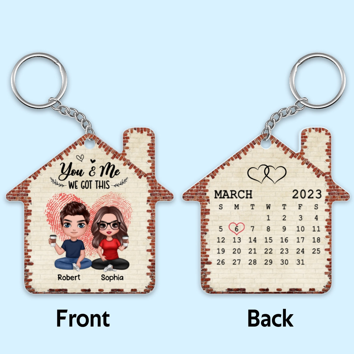 Home Sweet Home Doll Couple Sitting Fingerprint Heart Calendar Date Personalized Acrylic Keychain