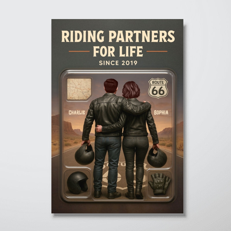 3D Effect Custom Figure Couple Bikers Riding Partners For Life - Personalized Poster - Heartfelt Gift For Bikers
