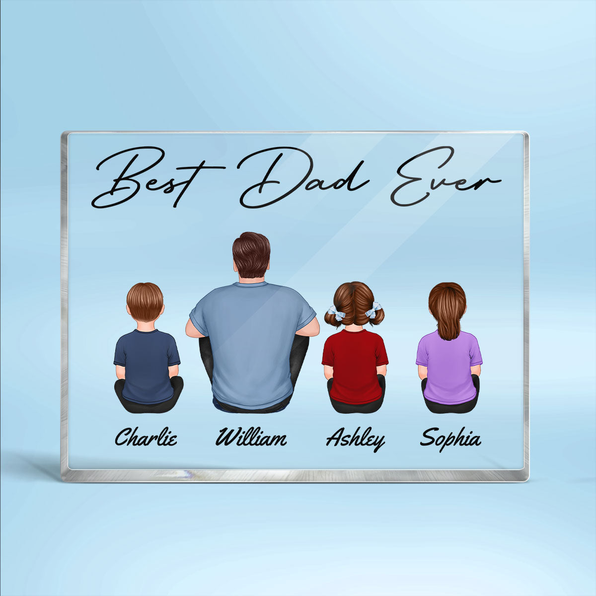 Back View Dad And Kids Dogs Cats Sitting Best Dad Ever Personalized Rectangle Acrylic Block Plaque