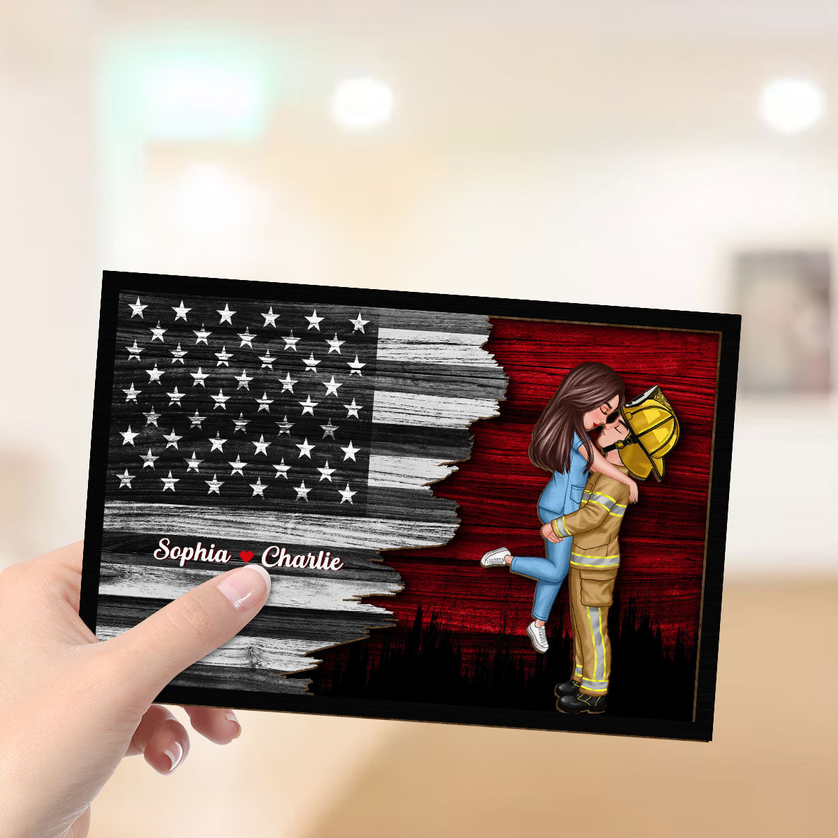Half Flag Couple Valentine‘s Day Gifts by Occupation Gift For Her Gift For Him Firefighter, Nurse Personalized 2-Layer Wooden Plaque