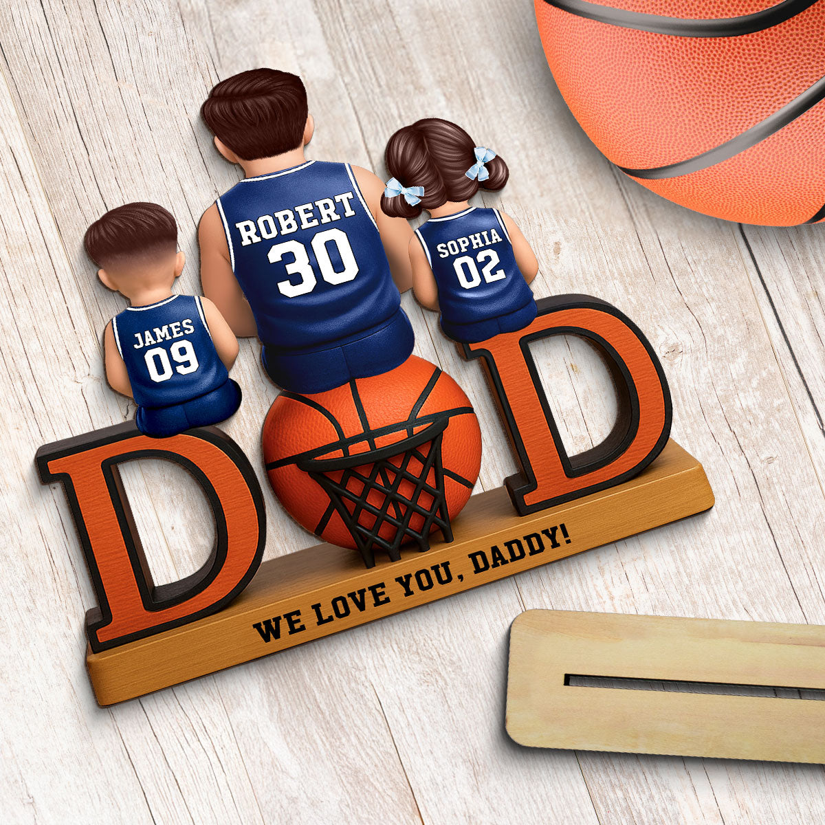 Basketball Dad And Kids Sitting Personalized 2-Layer Standing Wooden Plaque, Father's Day Gift for Dads