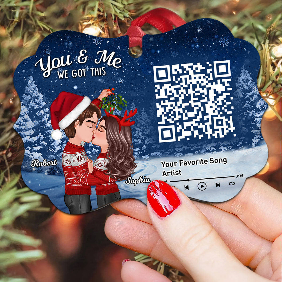 Galaxy Night Couple Kissing Under Mistletoe Favorite Song Scannable QR Code Christmas Personalized Christmas Ornament