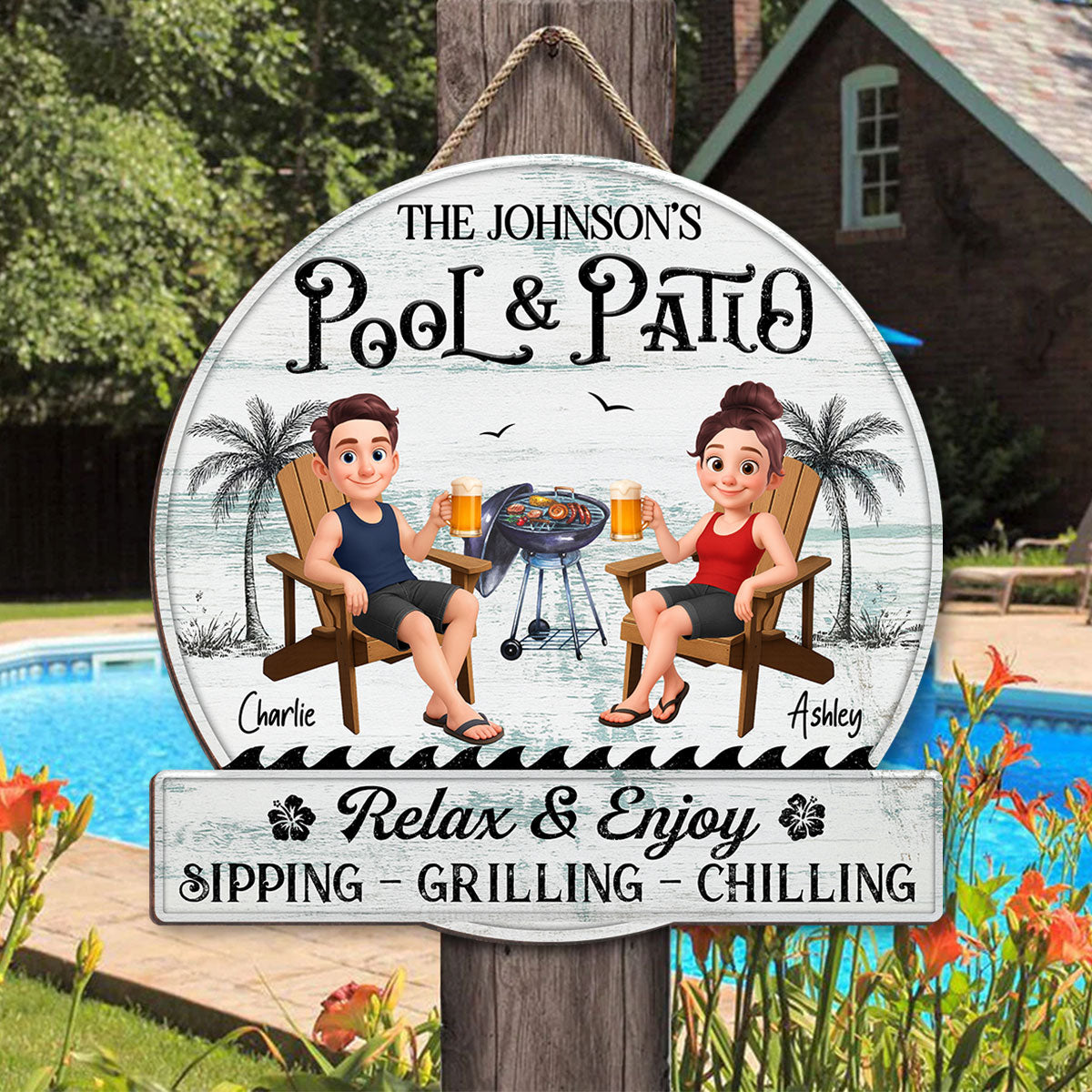 Cute Cartoon Couple Family Pool & Patio Retro Vintage Personalized Wood Sign