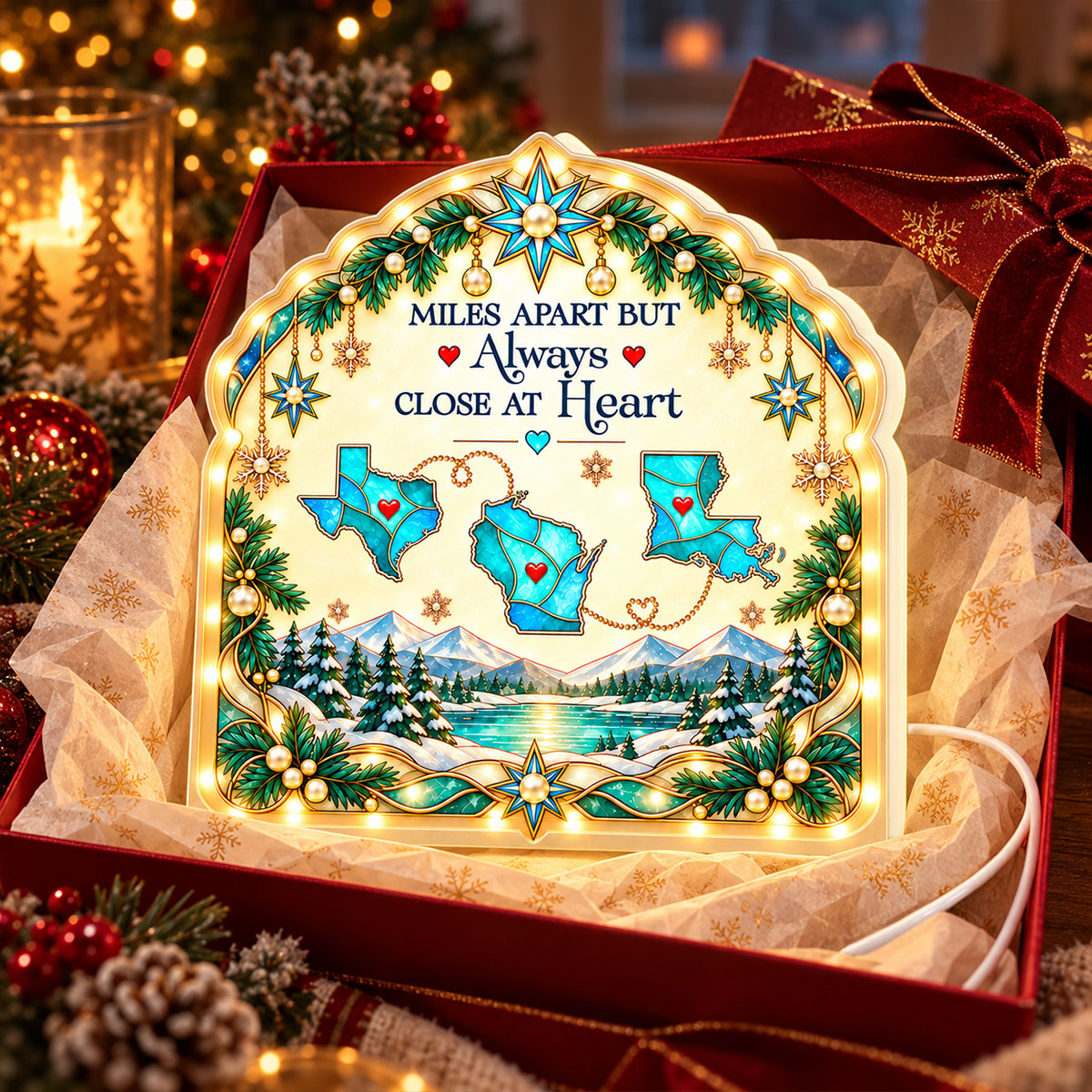 Miles Apart But Close At Heart State Map 2D Flat Printed - Personalized Light Box - Christmas Long Distance Gift For Family, Friends