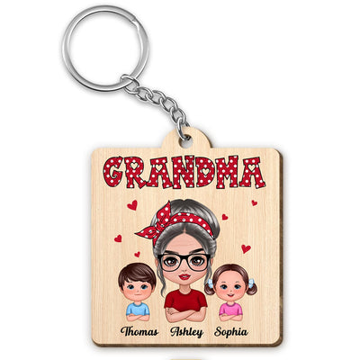 Polka Dot Pattern Grandma And Grandkids Personalized Wooden Keychain