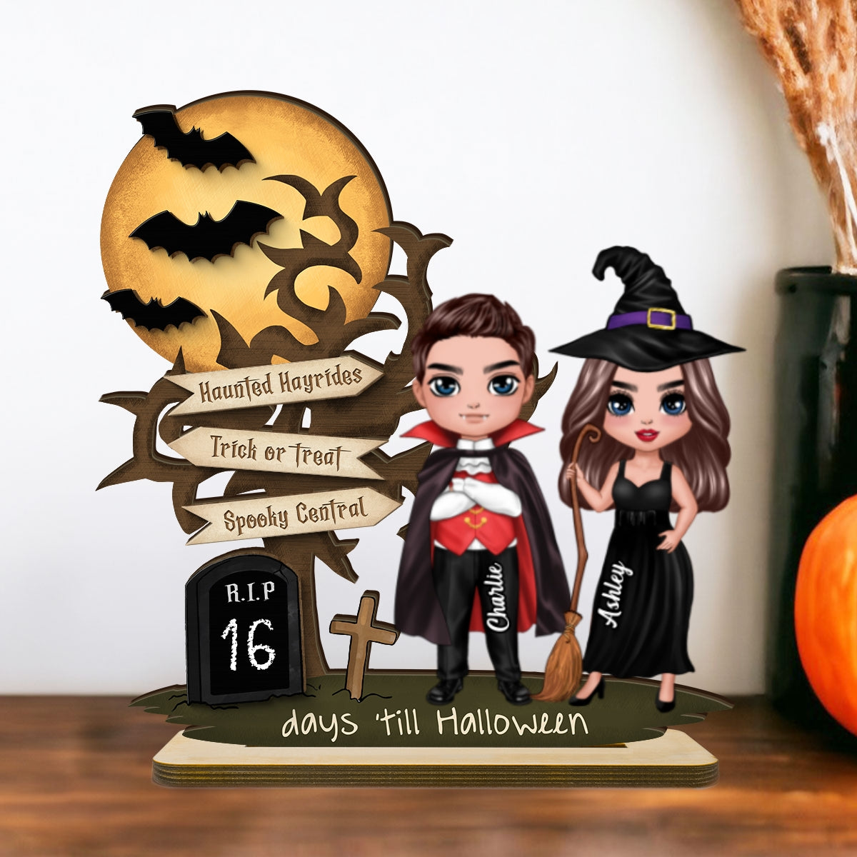 Couple Halloween Countdown Moon Bat Tree Personalized 2-Layer Standing Wooden Plaque