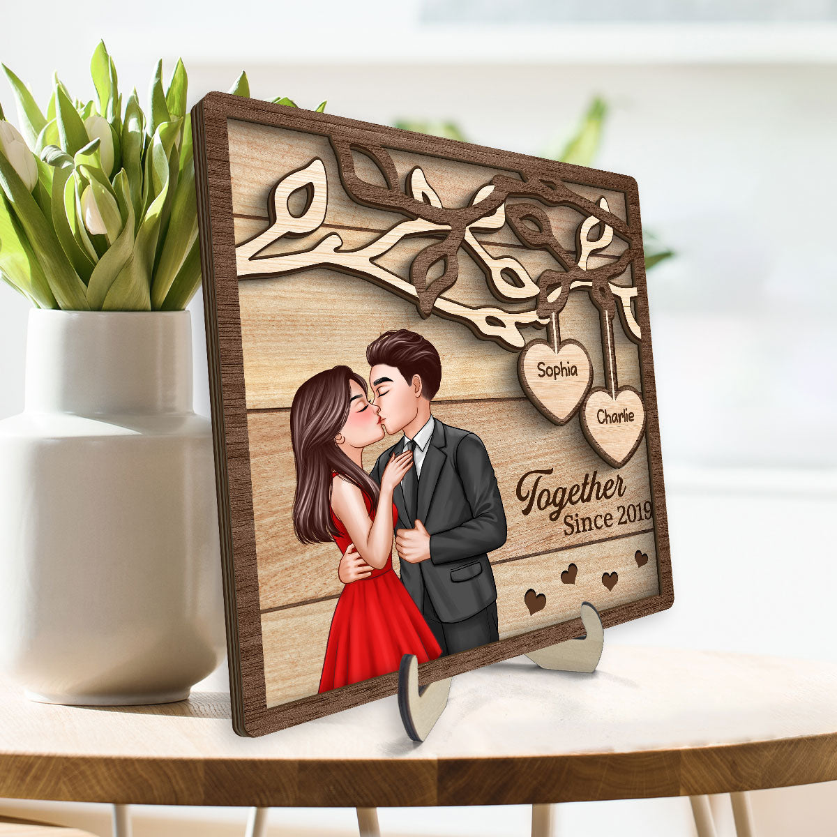 Couple Kissing Under Tree Elegant Couple Personalized 2-Layer Wooden Plaque