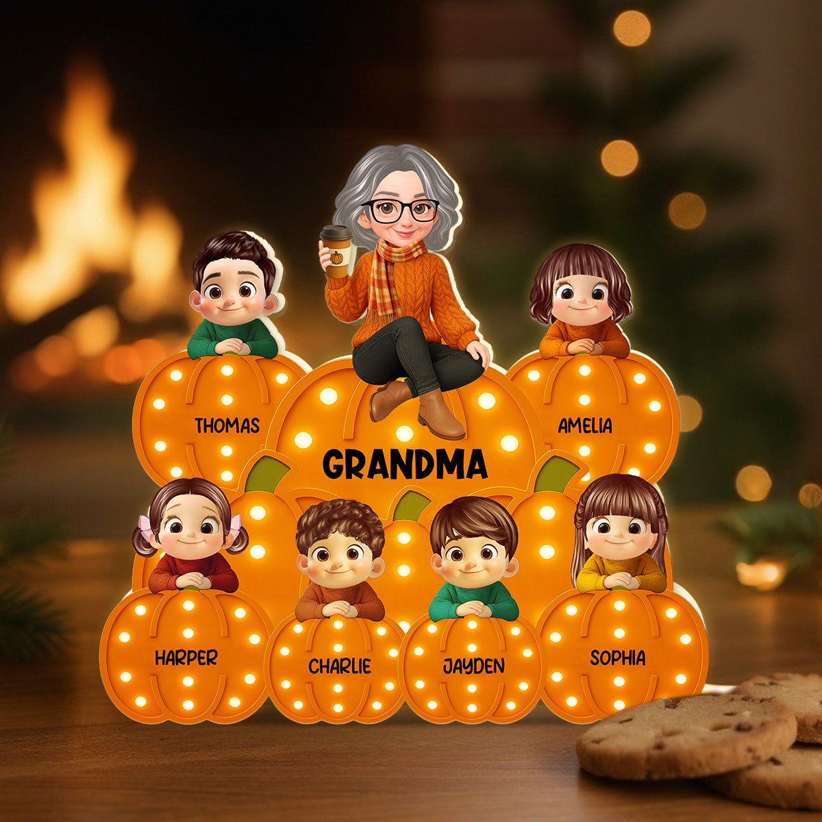 Fall Season Grandma Grandkids On Marquee Pattern Texture Pumpkins Personalized LED Light Box