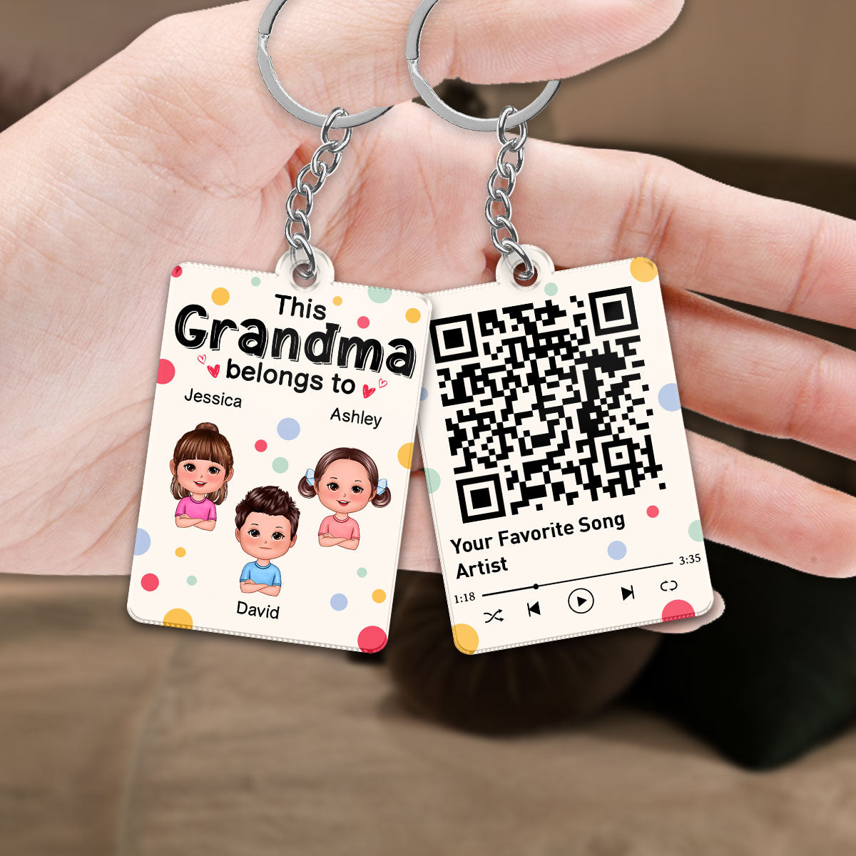This Grandma Mom Belongs To Cute Doll Kids Colorful Dot Scannable QR Code Personalized Acrylic Keychain