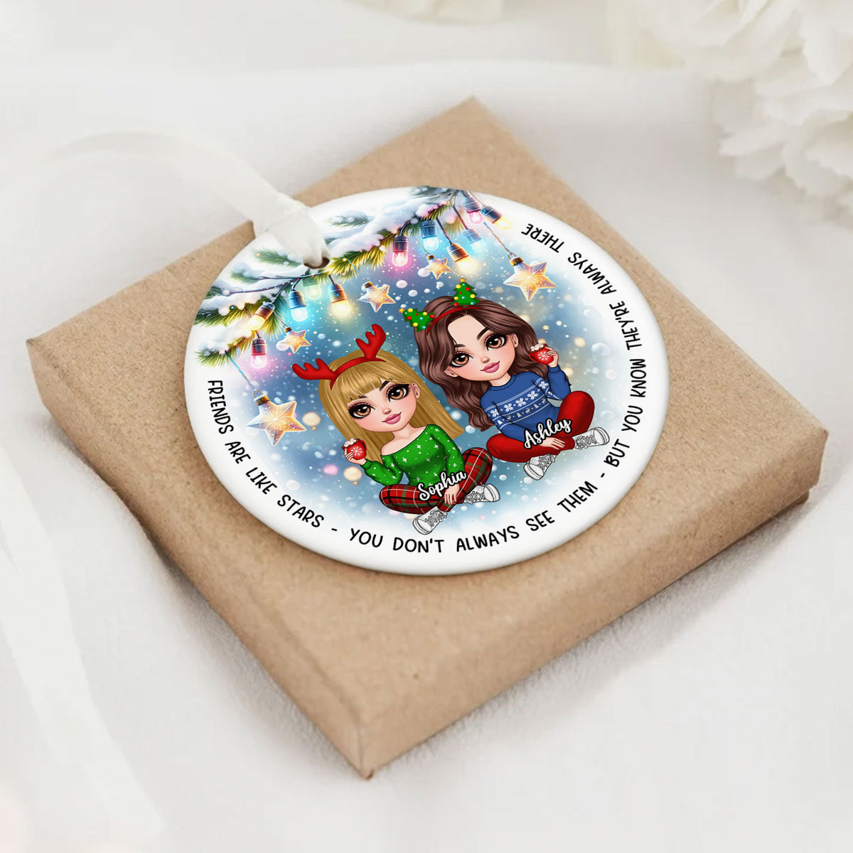 Besties Christmas Tree Light Star Personalized Circle Ceramic Ornament