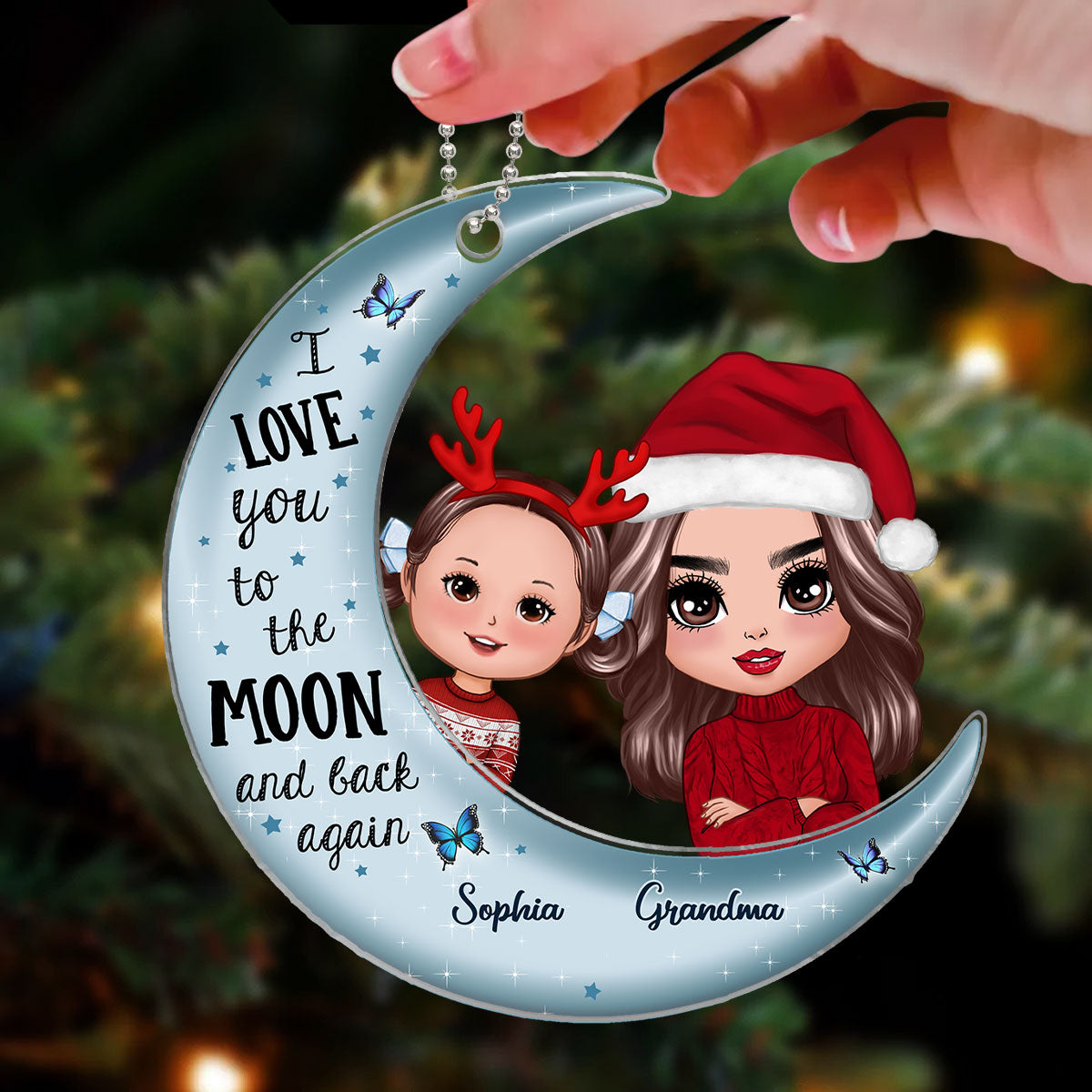 Peeking Grandma Grandkids On Moon Christmas Gift Personalized Acrylic Ornament