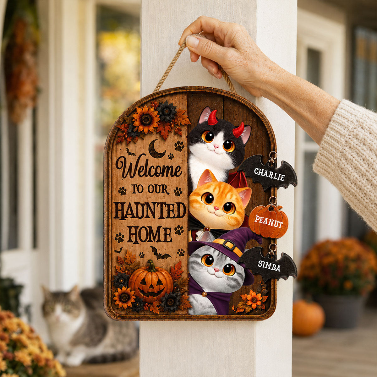 Happy Meowloween Peeking Cats 2D Flat - Personalized Door Sign - Halloween Decor For Cat Lovers