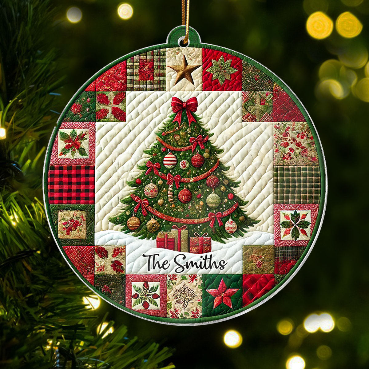 3D Effect Quilting Patchwork Fabric Patterns Christmas Tree Family Name Christmas Personalized Acrylic Ornament