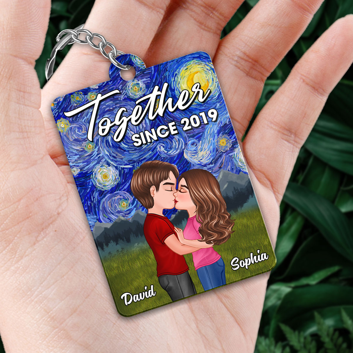 Night Sky Swirl Glowing Moon Couple Kissing Favorite Song QR Code Personalized Acrylic Keychain