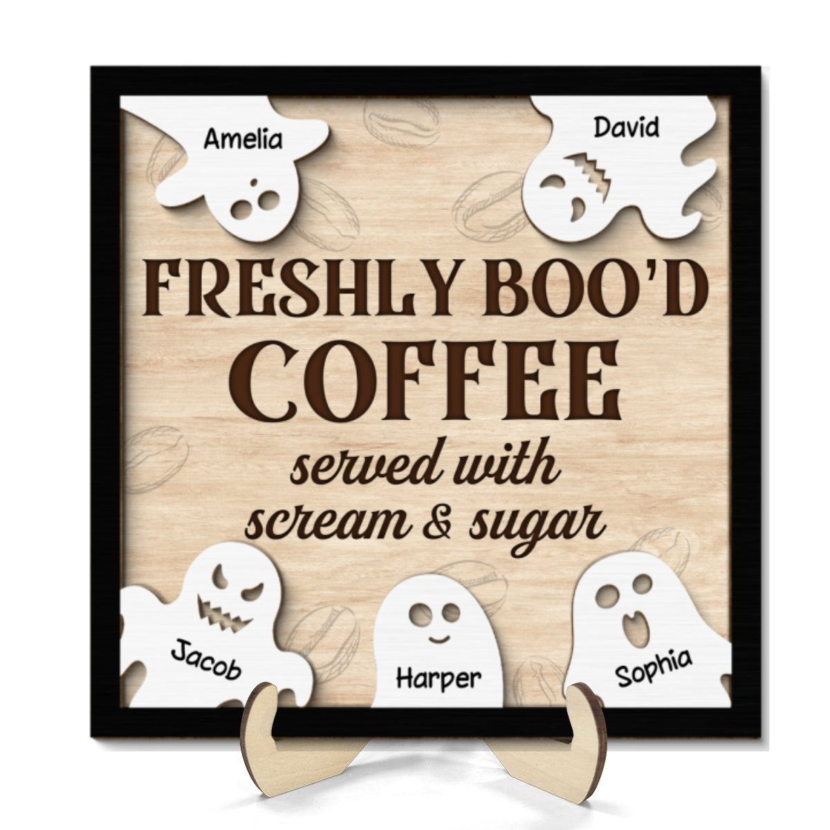 FRESHLY BOO'D COFFEE Ghost Family Personalized 2-Layer Wooden Plaque