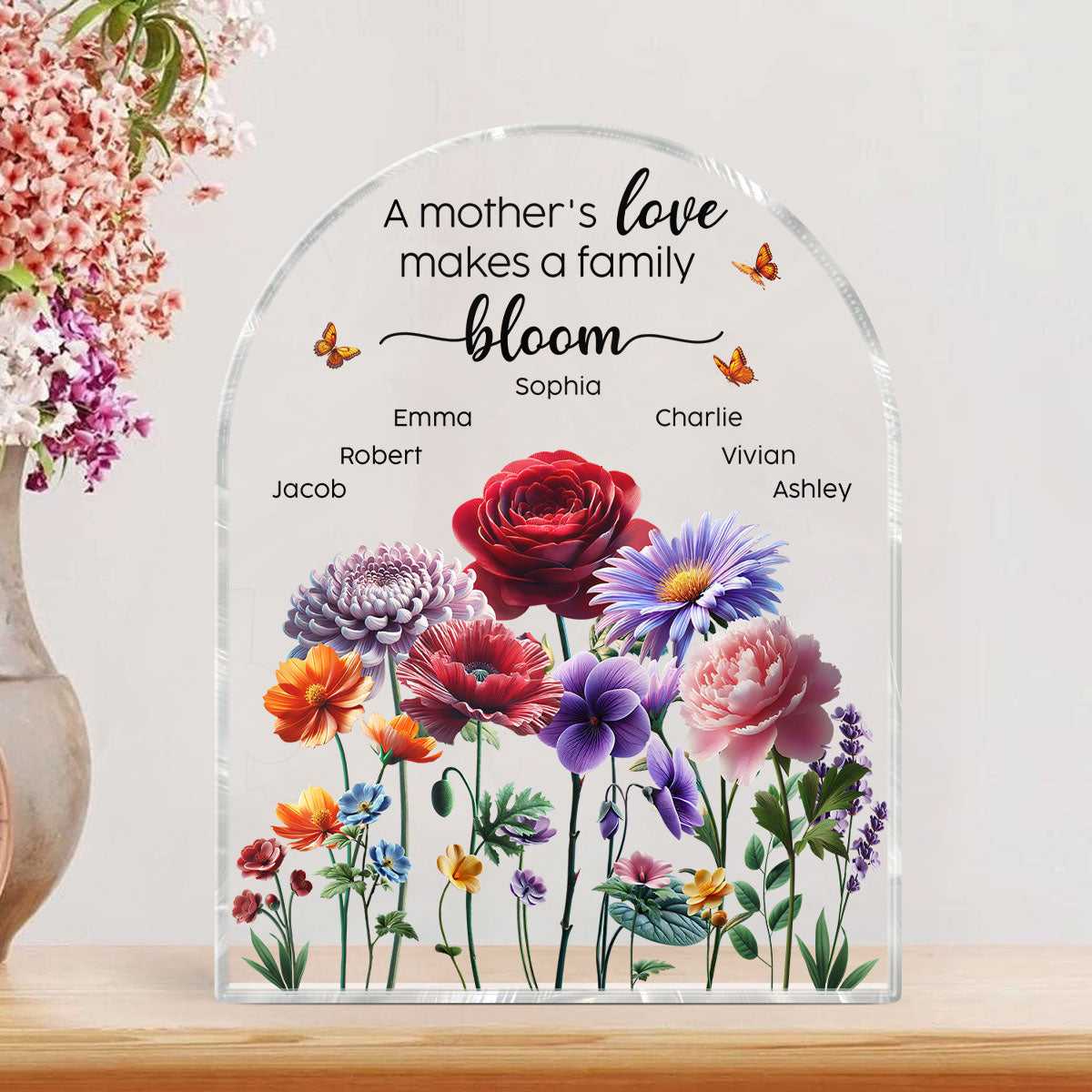 A Mother's Love Makes A Family Bloom 3D Effect Birth Month Flower Personalized Acrylic Block Plaque, Gift For Mom