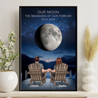 Our Moon Couple Back View Moon Phase Art Anniversary Gift For Him, Gift For Her Wedding Gift Personalized Poster