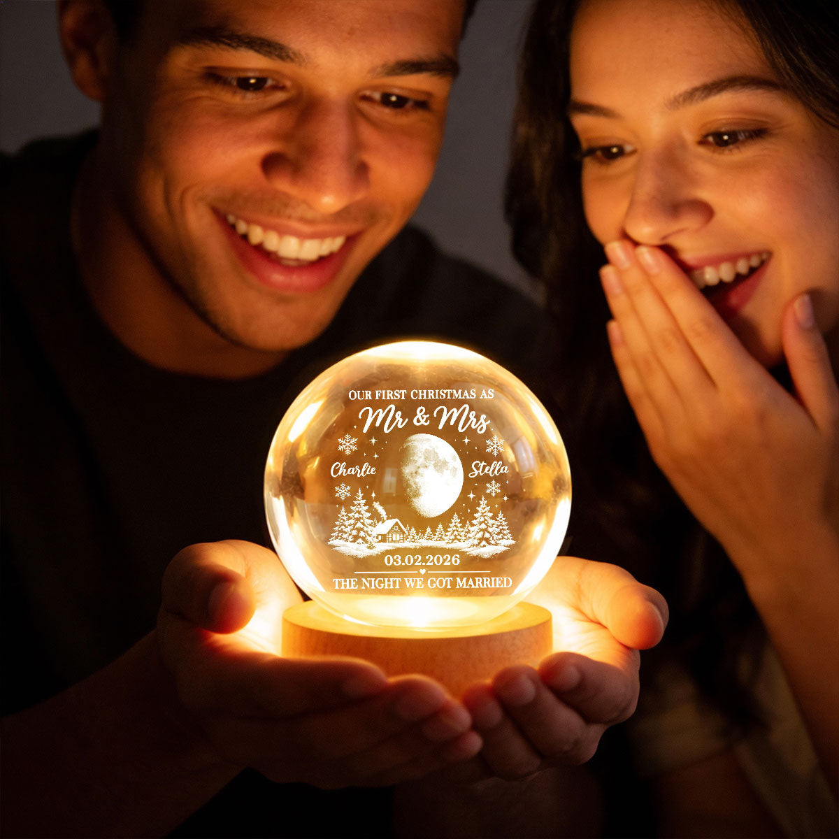Our First Christmas As Mr Mrs Custom Moon Phase Anniversary Date - Personalized Crystal Ball LED Night Light - Christmas Gift For Newly Wedding Couple, For Him, For Her, Husband, Wife