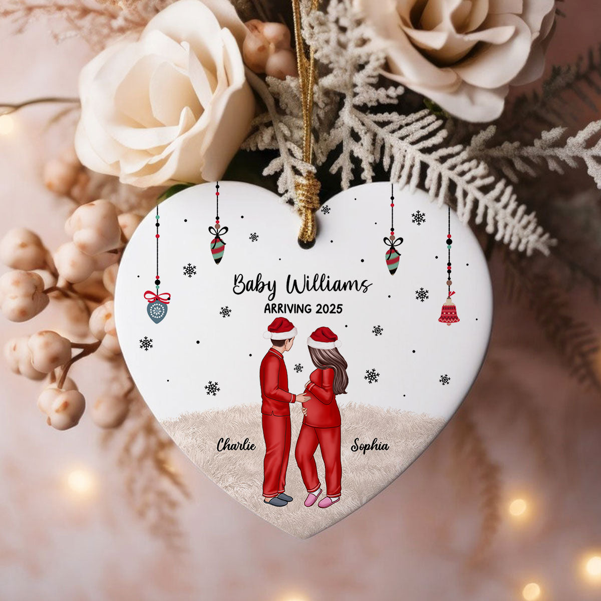Personalized Pregnancy Ornament, Expecting Family Christmas Personalized Heart Ceramic Ornament, New Mom Christmas Gift