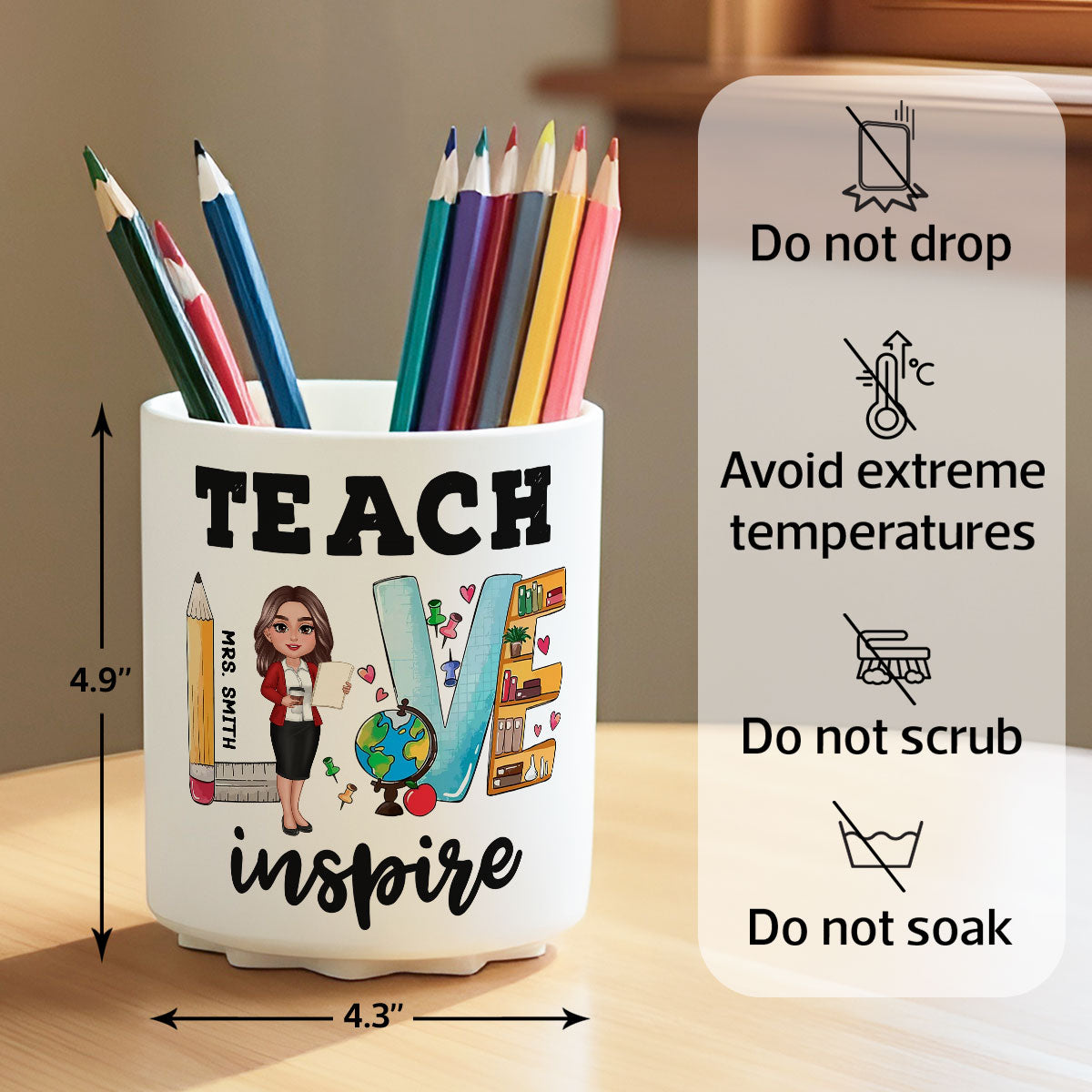 Teach Love Inspire Doll Teacher Pattern Personalized Rotating Pen Holder, Back To School Gift, Teacher Appriciation Gift