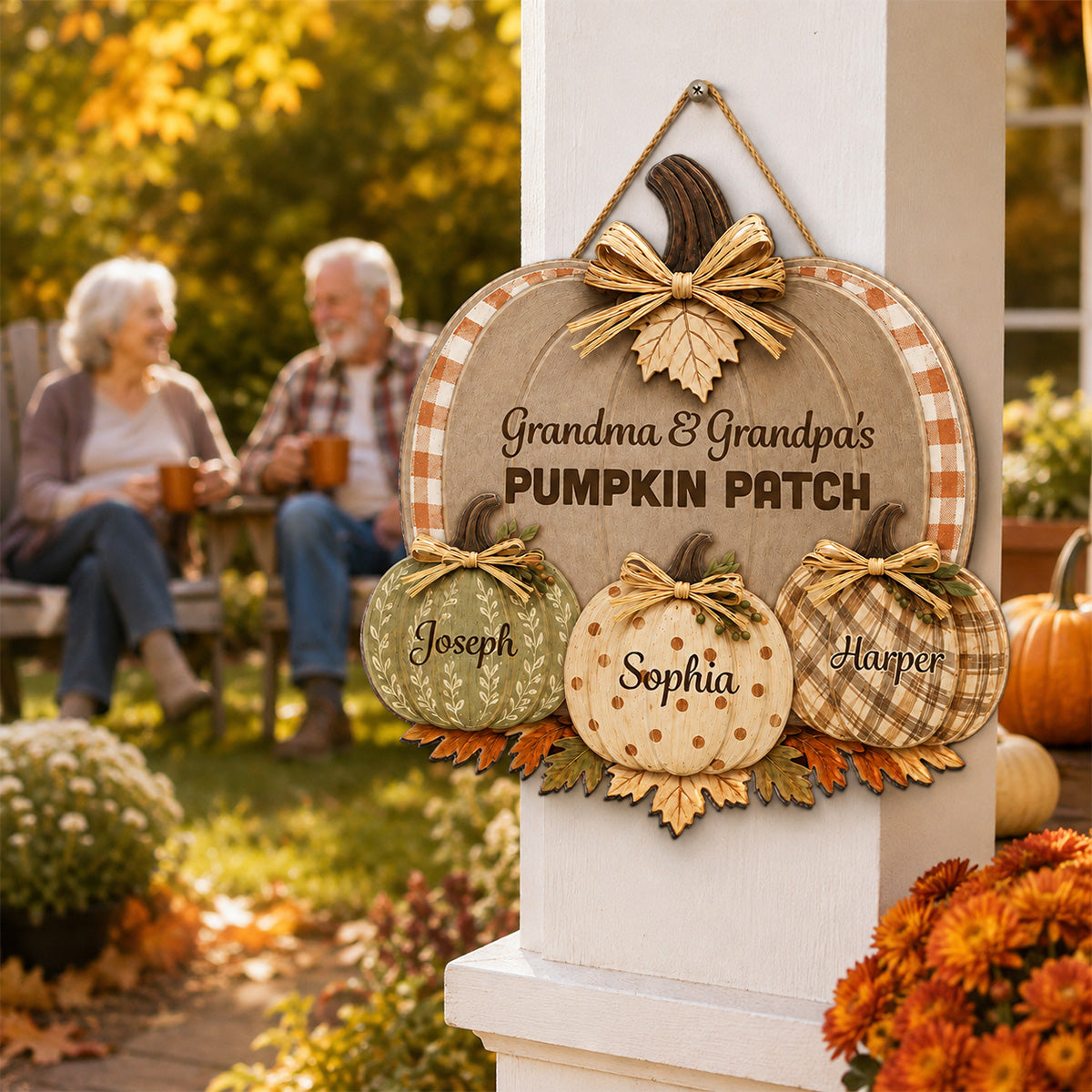 Grandma & Grandpa's Pumpkin Patch Polka Dot Leopard Plaid Pattern Pumpkins 2D Flat Printed - Personalized Door Hanger - Fall Season Decor For Grandparents