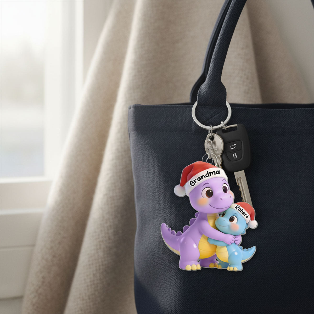 3D Effect Heartwarming Happy Grandmasaurus With Dinosaur Grandkid - Personalized Acrylic Car Hanger - Gift For Grandkids