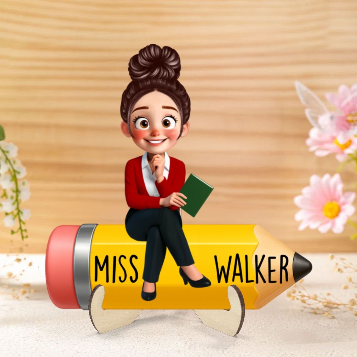 Cute Cartoon Teacher Sitting On Pencil Personalized 2-Layer Wooden Plaque, Gift For Teacher