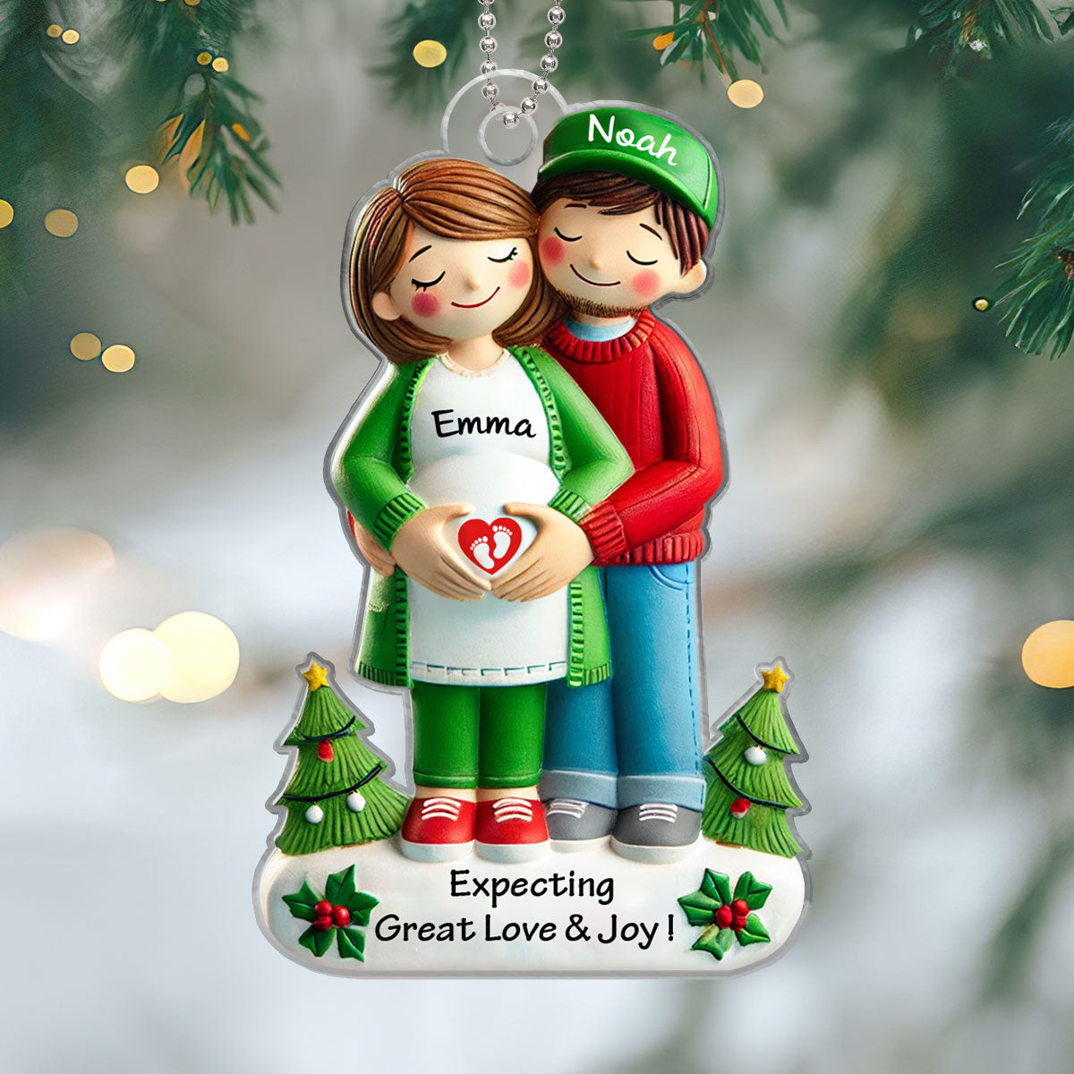 Expecting Great Love And Joy Personalized Baby on the Way Couple Christmas Ornament, 3D Effect Christmas Ornament