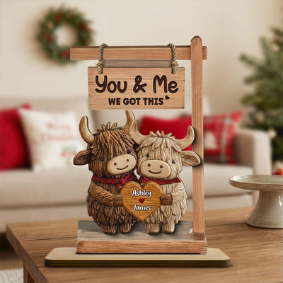 3D Effect Highland Cows Couple - Personalized 2-Layered Wooden Plaque - Perfect Valentine's Day Gift For Him, Gift For Her