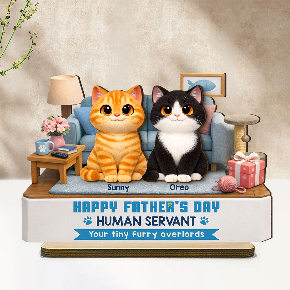 Cat Dad Cute Fluffy Cats Happy Father's Day Human Servant - Personalized 2-Layered Wooden Plaque - Funny Father's Day Gift For Cat Dad, Cat Lovers
