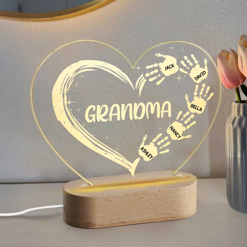 Grandma Mom Heart Hand Print Gift For Grandma - Personalized Heart Plaque LED Night Light - Acrylic LED Lamp
