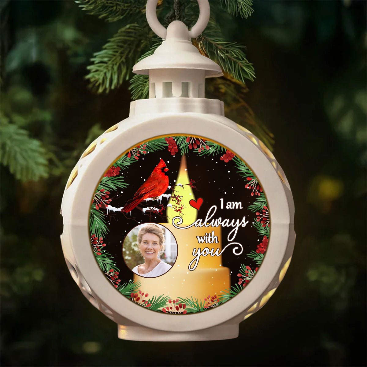 Always With You Holly Branch Cardinal Memorial Photo Upload Personalized Lantern Ornament, Remembrance Gift