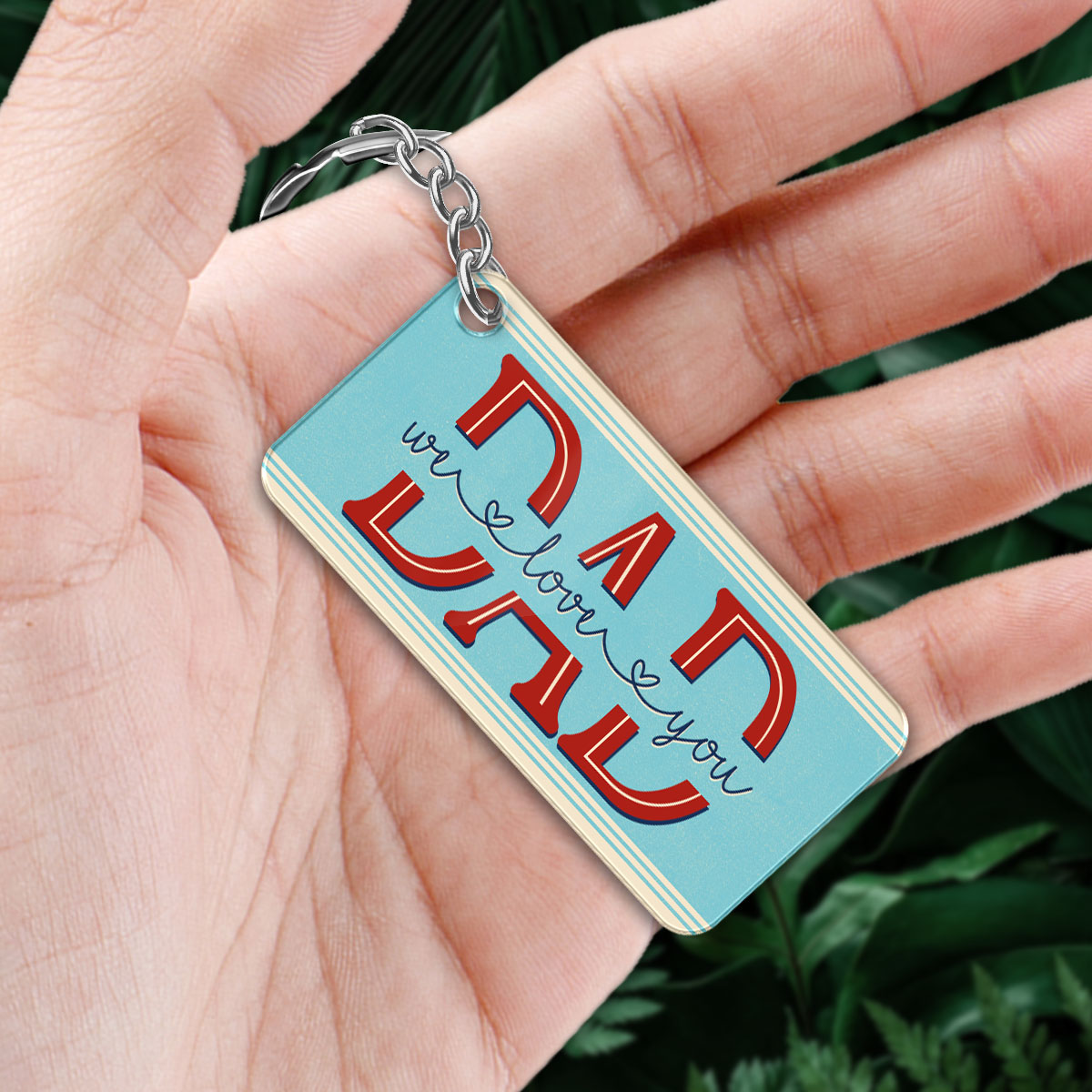 Dad We Love You Blue Stripe Retro Back View Man Sitting With Kids Dog Cat Personalized Acrylic Keychain
