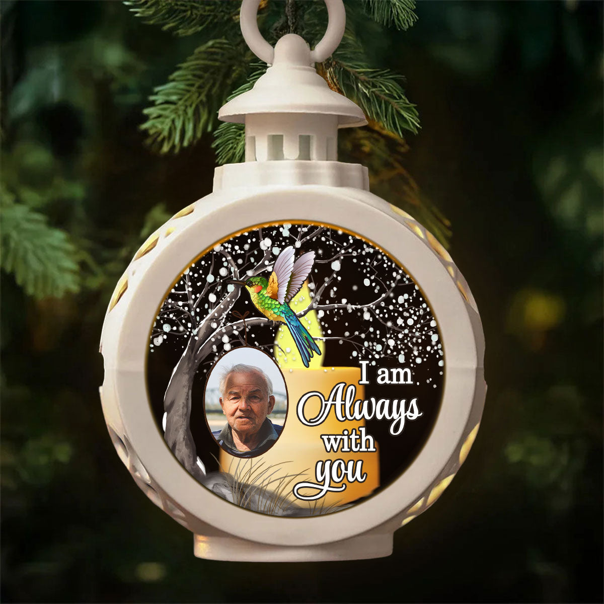 Hummingbird Always With You Blossom Tree Memorial Custom Photo Personalized Lantern Ornament, Remembrance Gif