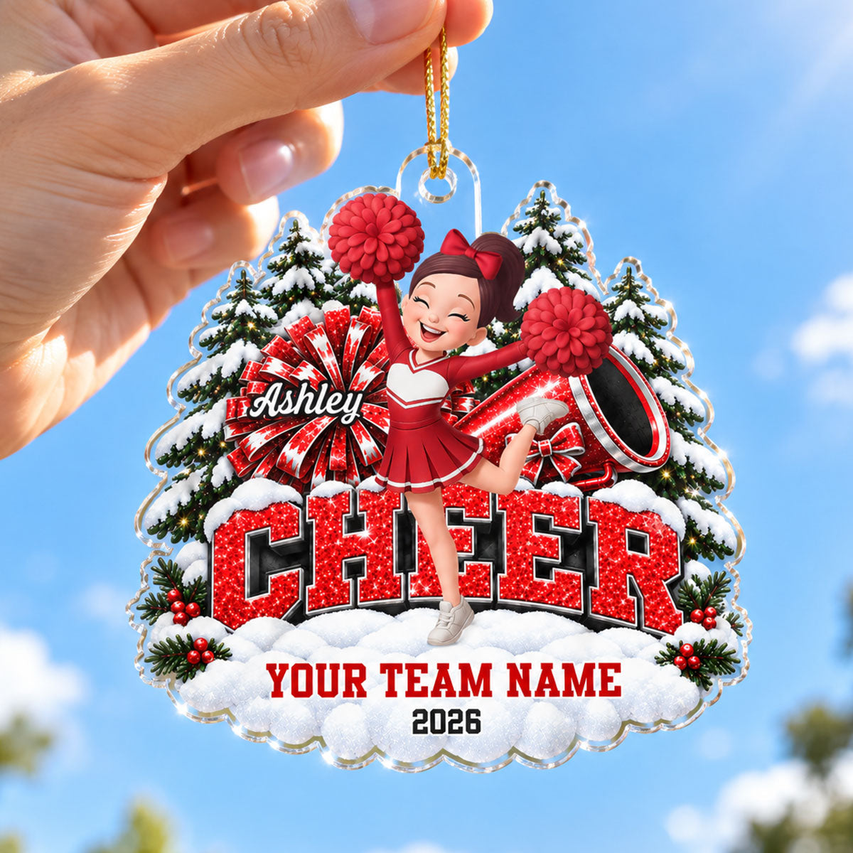 Christmas Cheerleader With Pom Poms - Personalized Acrylic Ornament - Christmas Gift For Cheerleaders, Cheer Teams, Girls