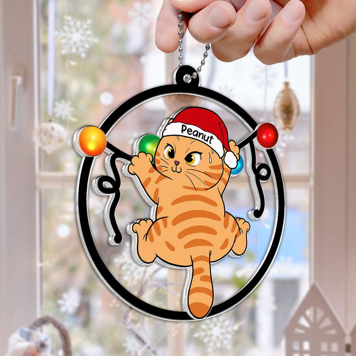 Cat Swinging Christmas Lights Personalized 2-Layer Acrylic Ornament, Christmas Decoration