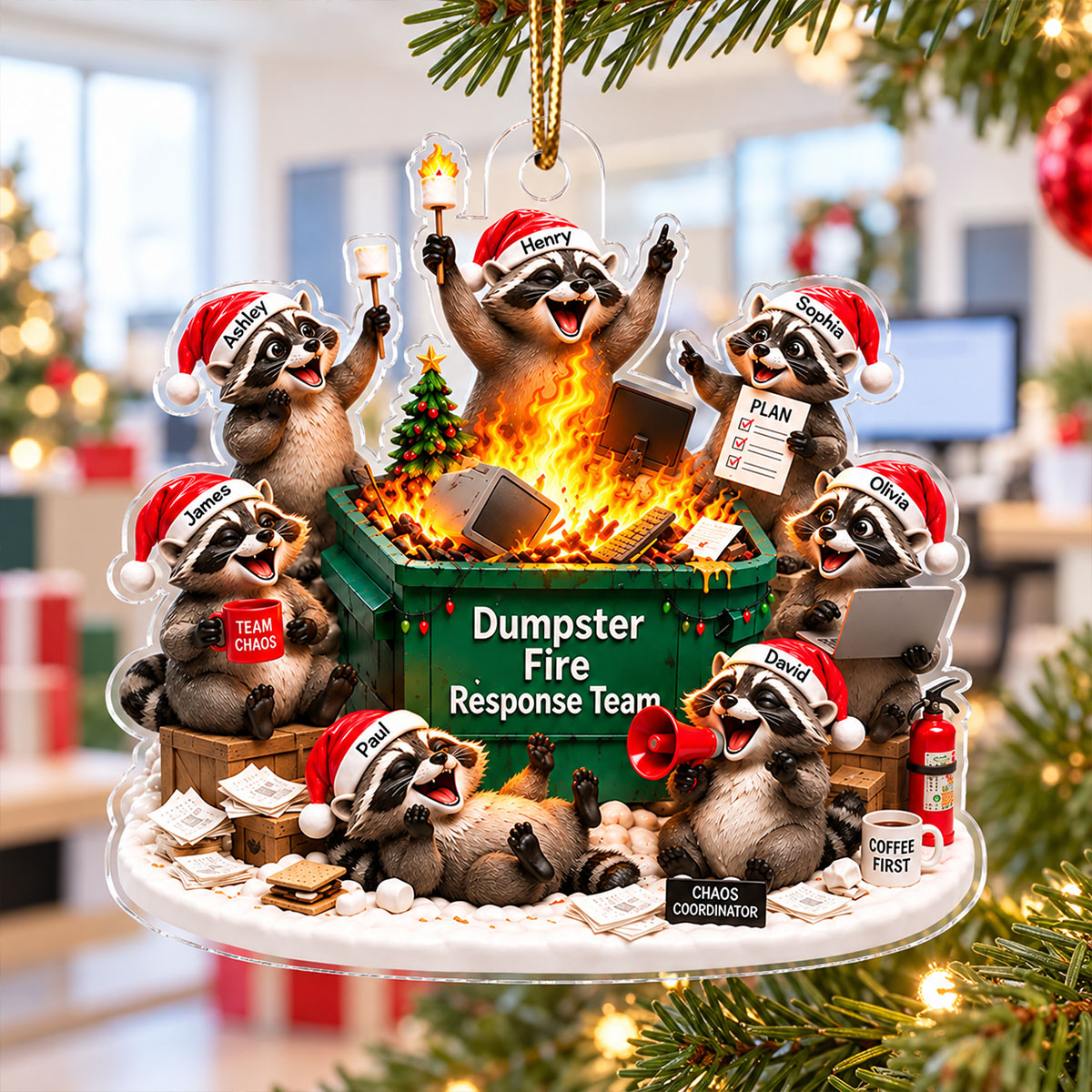 Dumpster Fire Response Team Funny Raccoons - Personalized Acrylic Ornament - Funny Christmas Gift For Colleagues, Coworkers, Boss