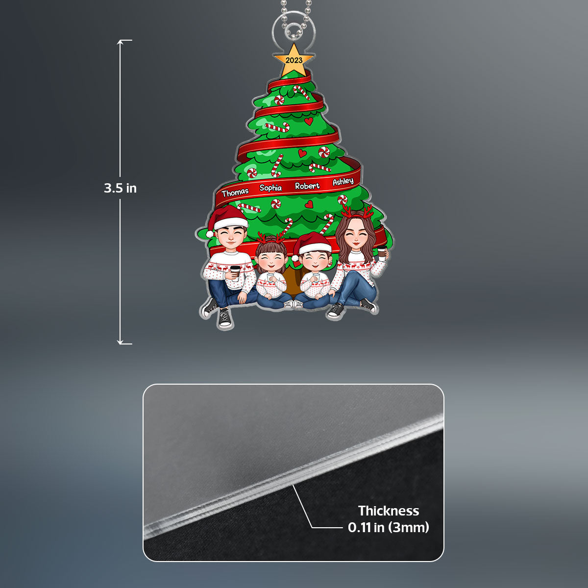 Family Sitting Under Christmas Tree Personalized Acrylic Name Ornament